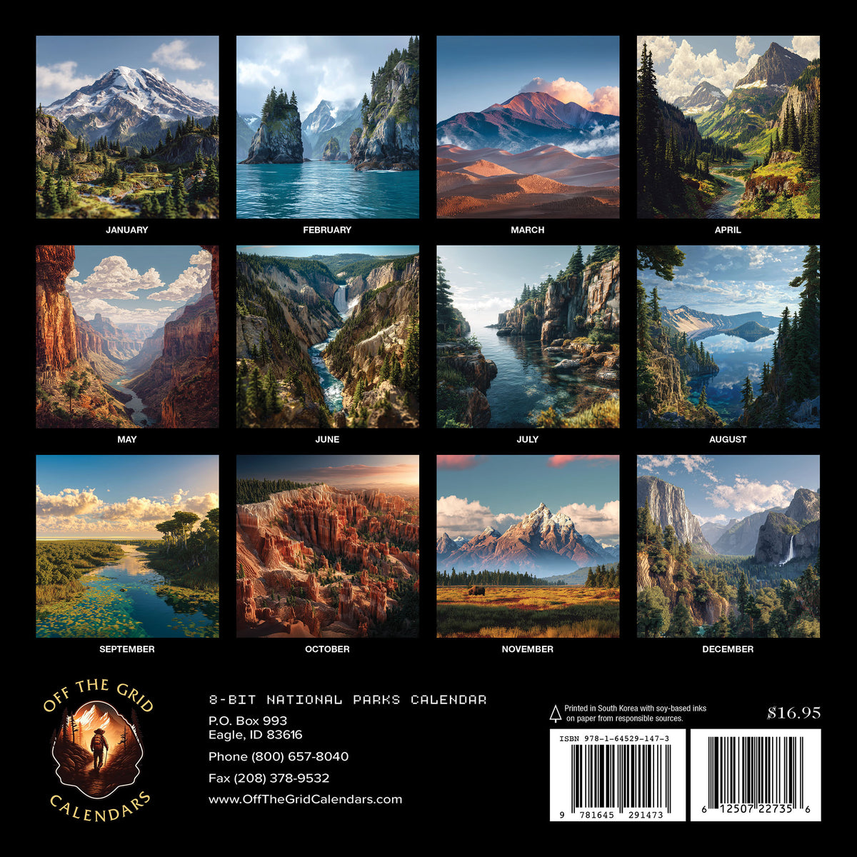 Back cover of an 8x11 National Parks wall calendar showing twelve monthly landscape photographs arranged in a grid on a black background, with publisher details and a barcode at the bottom.