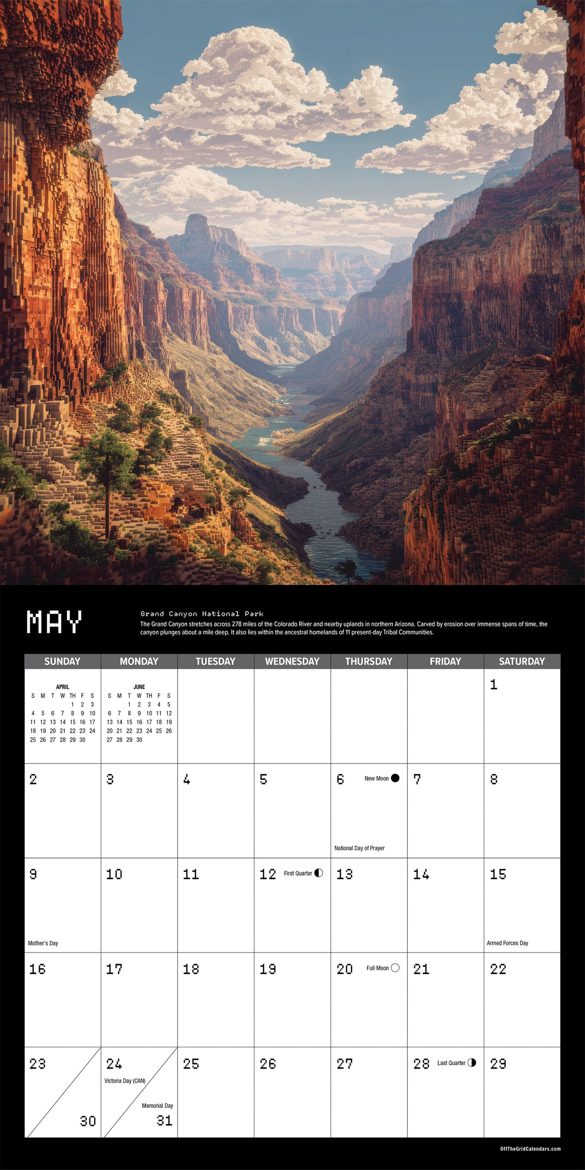 A 2027 May calendar page featuring a scenic Grand Canyon landscape photograph across the top and a white monthly calendar grid below with weekday headers and dates.