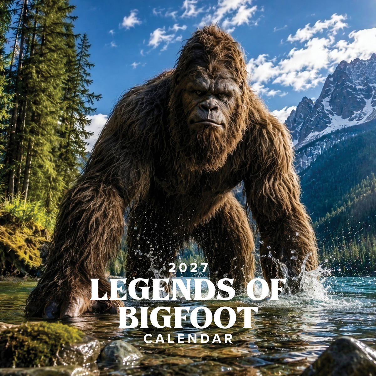 2027 Legends of Bigfoot Calendar cover art featuring a large Bigfoot figure standing in shallow water with mountains, trees, and blue sky in the background.