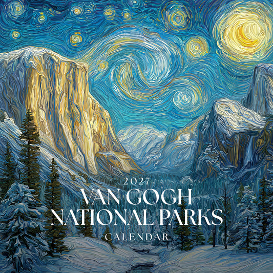 A square 2027 Van Gogh National Parks calendar cover featuring a stylized, swirling blue and yellow landscape painting of mountain peaks, snowy trees, and a glowing night sky, with large white title text across the center.